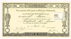 Banque de France. Versement d'Or pour la Défense Nationale en Or de la Somme de 80 Francs en Écha...