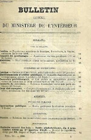 Image du vendeur pour BULLETIN OFFICIEL DU MINISTERE DE L'INTERIEUR - N2 - 51e anne / populations ouvrires de Bessges, Terre-Noire, la Voulte / nomination de vice-prsidents / casinos et villes d'eaux; autorisation des cercles. mis en vente par Le-Livre