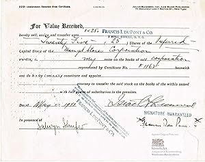 Imagen del vendedor de Francis Irne du Pont as Wall Street broker. Autograph signed transfer certificate about 25 shares of a company stock, New York 1943 a la venta por historicArt Antiquariat & Kunsthandlung