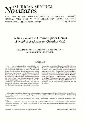 Bild des Verkufers fr A Review of the Ground Spider Genus Synaphosus (Araneae, Gnaphosidae) zum Verkauf von ConchBooks