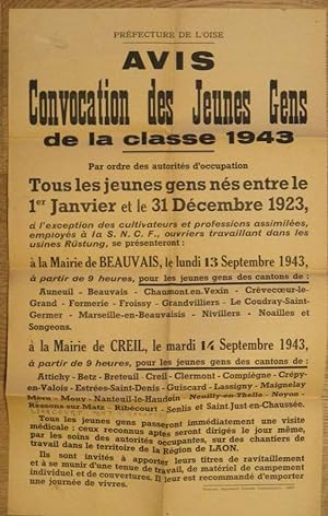 Avis - Convocation Des Jeunes Gens De La Classe 1943. Par Ordre Des Autorités D'occupation.