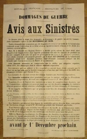 Affiche Concernant Les Demandes pour Les Dommages De Guerre (1914-1918). Avis Aux Sinistrés