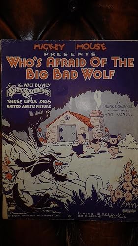 Imagen del vendedor de Mickey Mouse Presents Who's Afraid of the Big Bad Wolf Sheet Music from the Walt Disney Silly Symphony the Three Little Pigs Illust Cartoon Cover United Artists Picture Enclosed in Purple Clear Plastic Holder for Safety a la venta por Bluff Park Rare Books