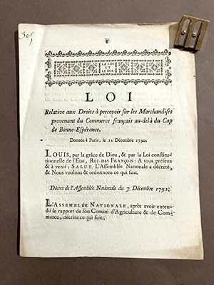 Loi Relative aux Droits à percevoir sur les Marchandises provenant du Commerce français au-delà d...