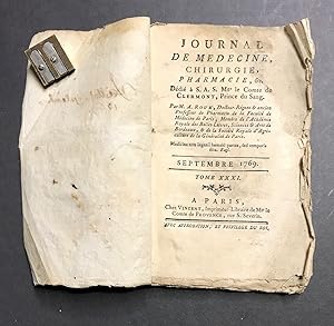 Journal de médecine, chirurgie, pharmacie, etc. par M. A. Roux. Septembre 1769. Tome XXXI.