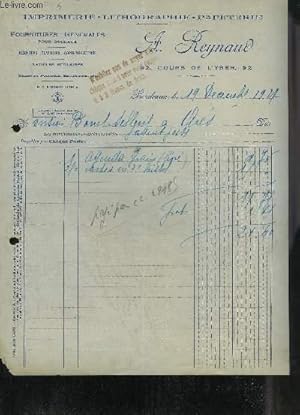 Image du vendeur pour UNE FACTURE DE A.RAYNAUD IMPRIMERIE LITHOGRAPHIE PAPETERIE - DATANT DE 1921 - DESTINEE A MONSIEUR BONEL . mis en vente par Le-Livre