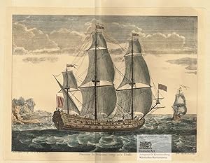 Bild des Verkufers fr Vaisseau du troisieme rang a la Voille. Groe Ansicht eines Kriegsschiffs mit vielen Kanonen unter vollen Segeln. Kolorierter Facsimile-Reprint eines Kupferstichs von Randon nach de Passebon um 1790 zum Verkauf von historicArt Antiquariat & Kunsthandlung