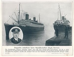 Immagine del venditore per Serie 1123 b, 20.11.34, Bild 5 - Aktueller Bilderdienst Verlag J. J. Weber, Leipzig - Doppelte Jubelfeier beim Norddeutschen Llyod, Bremen. Der Lloyddampfer Bremen beendete soeben seine 1000. Fahrt Bremen-New York-Bremen, auf der er seine Rekordzeit fr das Blaue Band des Ozeans selbst unterbot. Gleichzeitig konnte sein verdienter Kapitn Ziegenbein seinen 60. Geburtstag begehen. Im Bild: Die Bremen fhrt bei ihrer Heimkehr an ihrem Schwesterschiff Europa vorbei. venduto da GAENSAN Versandantiquariat