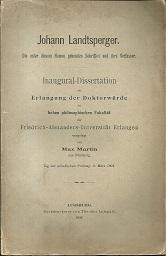 Seller image for Johann Landtsperger. Die unter diesem Namen gehenden Schriften und ihre Verfasser. Phil. Diss. Erlangen. for sale by Antiquariat Axel Kurta