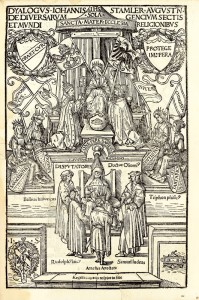 Image du vendeur pour Dyalogus Johannis Stamler Augustn. De Diversarum Gencium Sectis et Mundi Religionibus. [au colophon on lit :] Impressum Auguste : per Erhardum oglin. & Ieorgiu Nadler Cura correctone et diligentia venerabilis domini Wolfgangi Aittinger pspiteri Augusten. Ac bonarum Artium zc. Magistri Colloniens Anno nostre salutis 150. & . 8. die. 22. mensis May. Zc. mis en vente par Librairie Camille Sourget