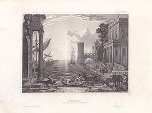 Messina vor dem grossen Erdbeben, Sizilien, schöner Stahlstich um 1850 mit Hafenszene aus dem bib...