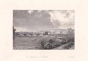 Pisa, Toskana, Ligurische See, Stahlstich um 1835 mit Blick auf die Stadt über eine Wasserfläsche...