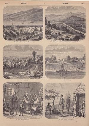 Serbien, Milanowatz, Radujewatz, Knjaschwatz, Holzstich um 1870 mit sechs Einzelabbildungen, Blat...