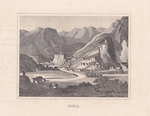 Idrija, Slowenien, Idrijca, Fetschenbach, Stahlstich um 1850, Blattgröße: 11,5 x 15 cm, reine Bil...