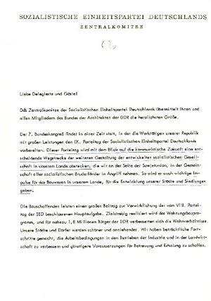 SED. 4seitiges Papier des Zentralkomitees der sozialistischen Einheitspartei Deutschlands; unterz...