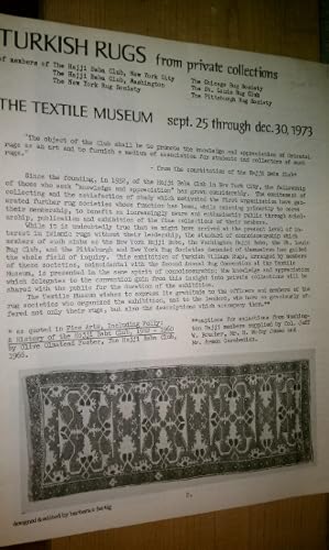 TURKISH RUGS FROM PRIVATE COLLECTIONS Sept. 25 through Dec. 30, 1973