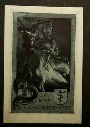Ex Libris für Dr. Georg Burckhard. Motiv: Ritter auf Pferd beim Versuch, einen Drachen mit einer ...