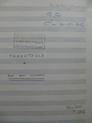 PETIT Pierre Tarentelle Manuscrit pour deux Guitares 1961