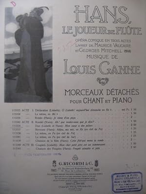 Seller image for GANNE Louis Hans, le Joueur de Flte Duo Piano Chant 1910 for sale by partitions-anciennes