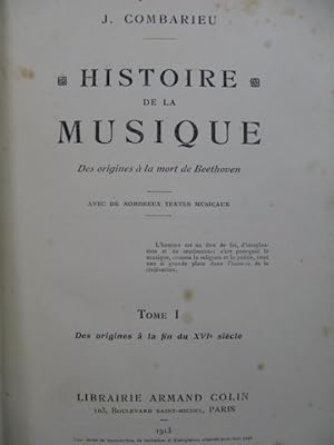 Image du vendeur pour COMBARIEU Jules Histoire de la Musique 1913 mis en vente par partitions-anciennes