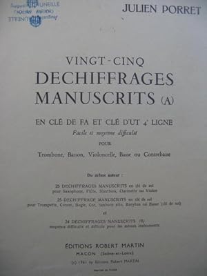 Imagen del vendedor de PORRET Julien 25 Dechiffrages Manuscrits Trombone Basson Violoncelle Basse 1961 a la venta por partitions-anciennes