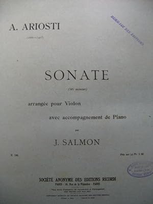 ARIOSTI Attilio Sonate Mi mineur Violon Piano 1918?