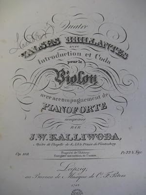 Seller image for KALLIWODA J. W. 4 Valses Violon Piano 1840 for sale by partitions-anciennes