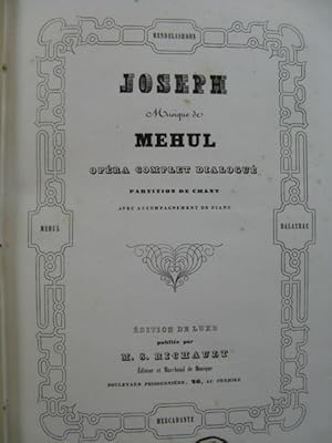 Image du vendeur pour MEHUL E. N. Joseph Opra Chant Piano ca1850 mis en vente par partitions-anciennes