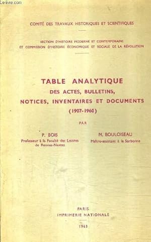 Seller image for TABLE ANALYTIQUE DES ACTES BULLETINS NOTICES INVENTAIRES ET DOCUMENTS 1907-1960. for sale by Le-Livre