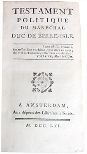 Image du vendeur pour Testament politique du marchal de Belle-Isle (publi par F.-A. Chevrier). mis en vente par Librairie HATCHUEL