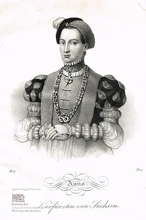Anna. Kurfürstin von Sachsen. Halbfigur en face mit Hut, Kette und Halskrause. Original-Kreidelit...