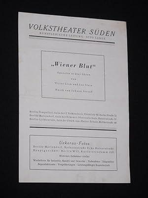 Seller image for Programmzettel Volkstheater Sden 1946. WIENER BLUT von Leon/ Stein, J. Strau (Musik). Spielleitung: Otto Lange, Orchesterleitung: Curt Protze, Tanzeinstudierung: Gerti Ru. Mit Hermann Hardy, Bert Alwa, Pia van Hoeven, Kurt Lahmeyer, Brunhild Lindholz, Max Pratsch, Ursula Lau, Willi Schwabe, Ena Hennrichs-Noack, Ingrid Droth, Ingeborg Rogge, Ullrich Mller, Otto Zibell, Hans Stammer for sale by Fast alles Theater! Antiquariat fr die darstellenden Knste