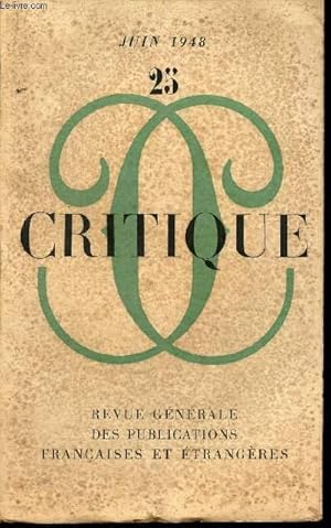 Image du vendeur pour CRITIQUE / N25 - Juin 1948 / Lautremont et le mirage 483 ressources / Benda, le clerc malgr lui / Michel-ange theoligien / Karl JAspers en France / L'ivresse des Tavernes et la REligion . mis en vente par Le-Livre