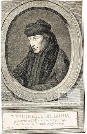 Desiderius Erasmus, gebooren te Rotterdam. Brustbild in Priestergewand mit Schal im Oval. Origina...