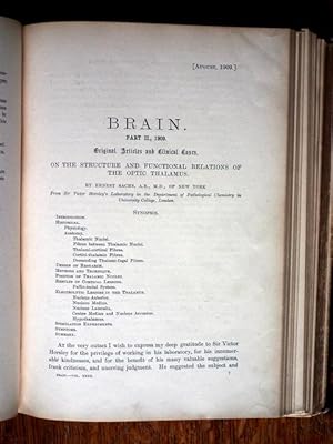 Bild des Verkufers fr On the Structure and Functional Relations of the Optic Thalamus. CONTAINED IN : BRAIN. A Journal of Neurology. Vol.32. Part II. pp. 95-186. 79 figures. zum Verkauf von Patrick Pollak Rare Books ABA ILAB