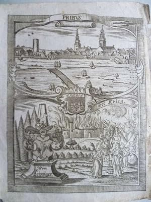 Priebus - Pribus Stadtansicht, darunter Wappen derer von Leipziger und Allegorie Der Krieg.
