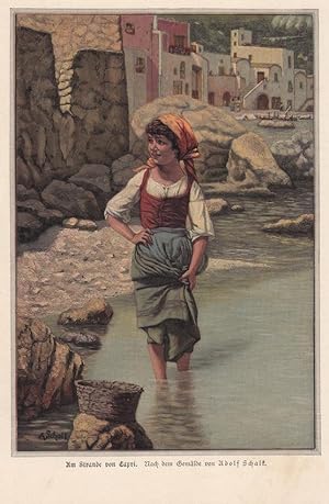 Am Strande von Capri, Tracht, Kostüm, altkolorierter Holzstich um 1890 mit einem im Wasser stehen...