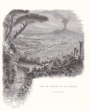 Neapel, Vesuv, Vue de Naples et du Vesuve, Holzstich um 1850 mit Blick auf die Stadt und Vulkan ü...