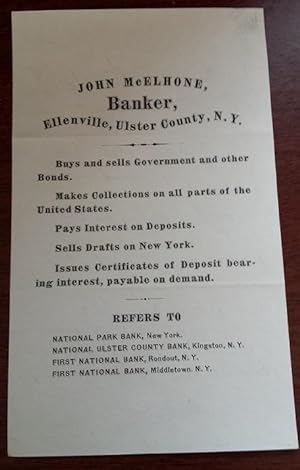 John McElhone, Banker, Ellenville, Ulster County, N.Y. - flyer and handwritten note.