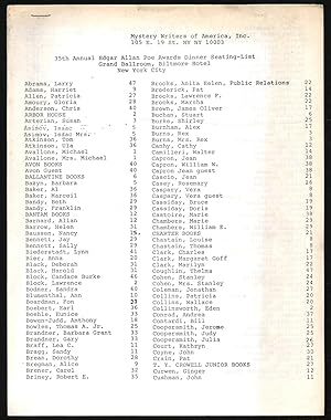 Seller image for 35th Annual Edgar Allan Poe Awards Dinner Seating-List for sale by Between the Covers-Rare Books, Inc. ABAA