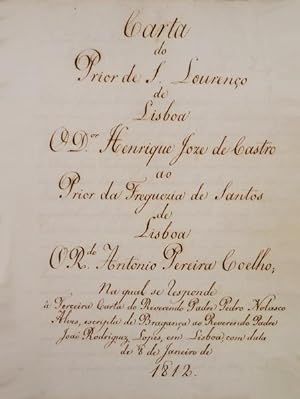 Seller image for CARTA DO PRIOR DE S. LOURENO DE LISBOA. [Manuscrito] for sale by Livraria Castro e Silva