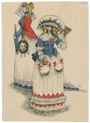 Bild des Verkufers fr Zwei Frauen in einer Tracht des spten 18. Jahrhunderts. zum Verkauf von Galerie Joseph Fach GmbH