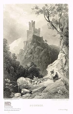 Imagen del vendedor de Sooneck. Imposante Ansicht der Ruinen von Burg Sooneck auf bizarren Felsen, im Vordergrund Maler mit Zeichenblock und Wanderer mit Krummstab. Original-Stahlstich von Frommel und Winkles nach Frommel um 1840 a la venta por historicArt Antiquariat & Kunsthandlung