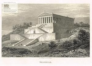 Bild des Verkufers fr Walhalla. Ansicht der Gedenksttte Walhalla bei Donaustauf im Landkreis Regensburg vom Donautal aus. Original-Stahlstich von und nach Poppel um 1850 zum Verkauf von historicArt Antiquariat & Kunsthandlung