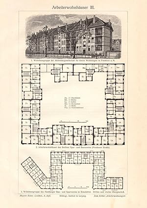 Alter historischer Druck Arbeiterwohnhäuser III. Holzstich 1902