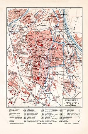 Alte historische Stadtkarte Augsburg Stadtplan Lithographie 1902