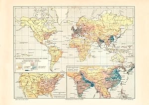 Historische Landkarte Bevölkerungsdichtigkeit der Erde Karte Lithographie 1902
