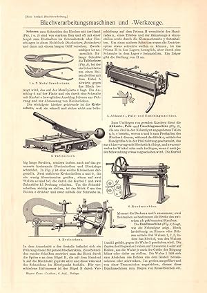 Alter historischer Druck Blechverarbeitung Maschinen Werkzeuge Holzstich 1903