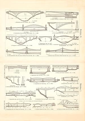 Alter historischer Druck Brücken I. - III. Holzstich 1903