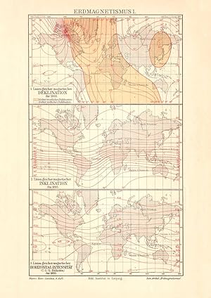 Alte historische Landkarte Erdmagnetismus I. Karte Lithographie 1904